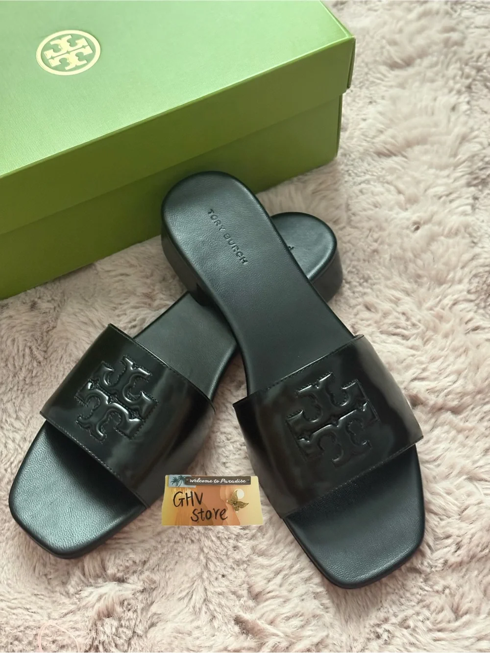 Tory Burch Black Patent Logo Slide Mules